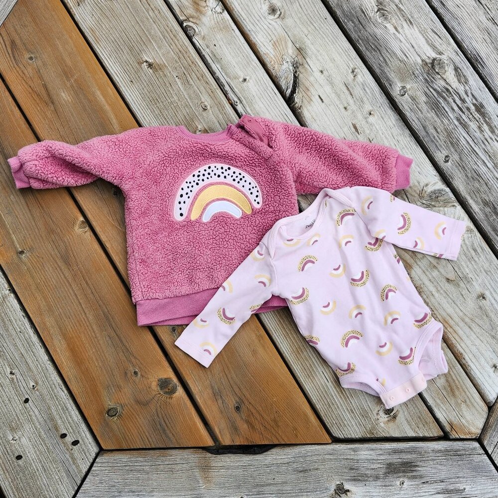 CUTE PEKKLE Kids Rainbow Fleece Top Matching Onesie Size 6 Months PINK
